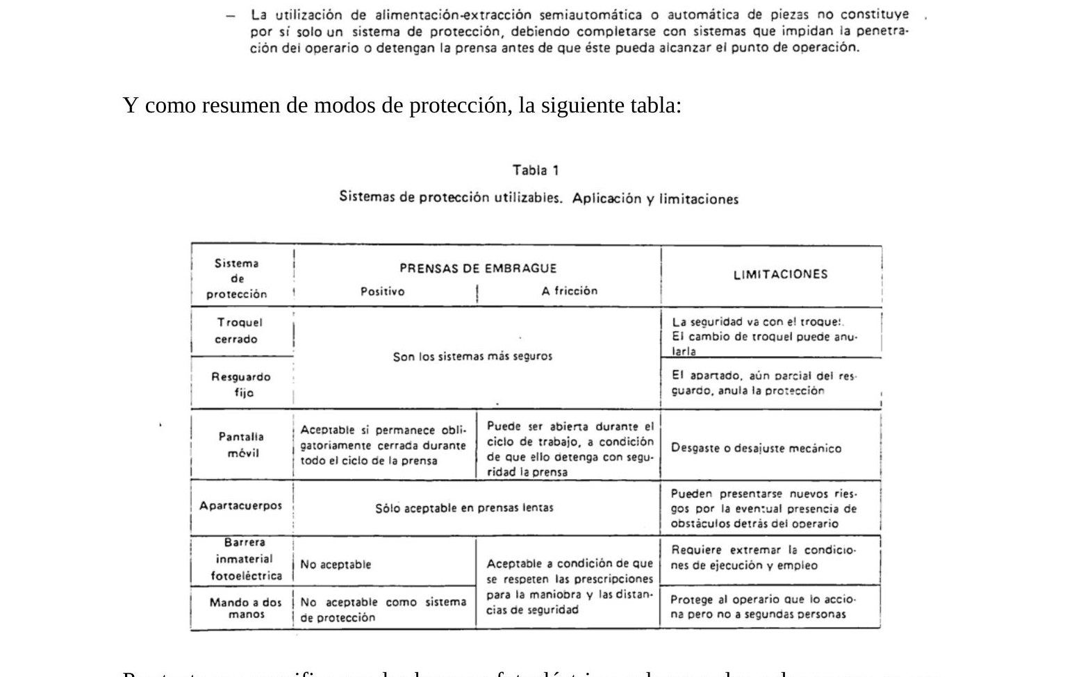 Tabla 1 de la UNE 81-602:1986 con los sistemas de protección utilizables en prensas de embrague positivo y de fricción, con sus aplicaciones y limitaciones